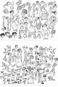 some cartoon characters are drawn in black and white, with one drawing on the left side