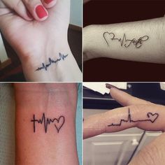 four different wrist tattoos with hearts and heartbeats