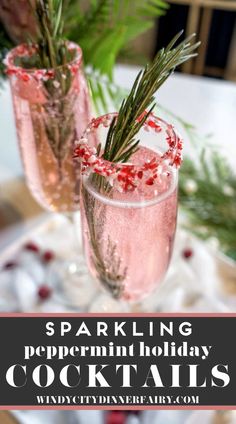 sparkling peppermint holiday cocktails with rosemary sprigs