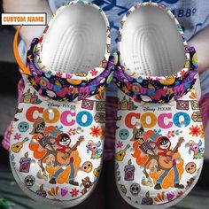 Personalized Coco Cartoon Colorful Clogs Shoes For Kids & Adults Fun Multicolor Non-slip Slippers, Casual Multicolor Slippers With Rubber Sole, Casual Multicolor Clogs With Rubber Sole, Playful Multicolor Round Toe Slippers, Comfortable Multicolor Synthetic Clogs, Casual Multicolor Closed Toe Slippers, Non-slip Multicolor Clogs For Summer, Multicolor Non-slip Clogs For Summer, Fun Multicolor Round Toe Slippers