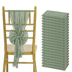 a chair with a green ruffled seat cover next to a gold chiavar