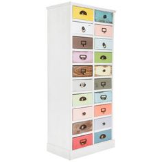 a tall white cabinet with multicolored drawers on the front and bottom shelves in different colors