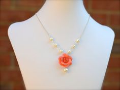 Coral Rose necklace, coral bridesmaid Necklace Rose Flower Necklaces For Wedding, Rose Flower Necklace For Wedding, Handmade Rose Wedding Necklace, Flower Shaped Rose Design Necklaces For Wedding, Coral Wedding Themes, Diy Pearl Necklace, Collar Rosa, Coral Bridesmaid, Rosa Coral