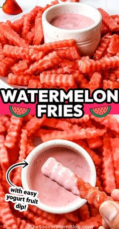 watermelon fries with yogurt dip and strawberries on the side for dipping