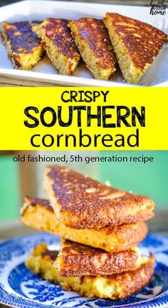 crispy southern cornbread recipe on a blue and white plate with text overlay