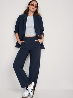 Extra High-Waisted Pleated Taylor Wide-Leg Trouser Suit Pants for Women | Old Navy Blue Ankle Pants Outfit, Navy Slacks Outfit Women, Navy Blue Pants Outfit, Navy Blue Slacks, Blue Pants Outfit, Women Trousers Design, Legs Outfit, Leg Pants Outfit, Trouser Suit