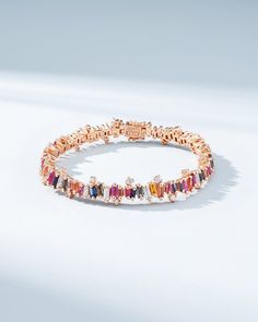 Suzanne Kalan Bold Burst Rainbow Sapphire Tennis Bracelet in 18K rose gold Luxury Multicolor Baguette Diamond Jewelry, Sapphire Tennis Bracelet, Diamonds Bracelet, Rainbow Sapphires, Vs Diamond, Ruby Sapphire, Box Clasp, Tennis Necklace, Tennis Bracelet