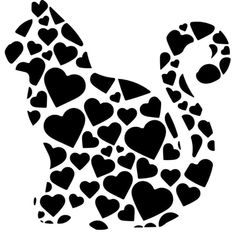 a black and white silhouette of a cat with hearts on it's tail, in the shape of a heart