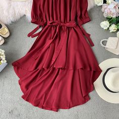 Summer Casual Chiffon Off Shoulder Bandage Dress Women 2023 Asymmetrical Ruffle Dresses Vestidos De Festa 22291 Black-One Size Red Chiffon Midi Dress With Ruffles, Chic Fitted Red Chiffon Dress, Fitted Red Chiffon Dress With Ruffles, Red Midi-length Chiffon Dress, Casual Chiffon Dress With Asymmetrical Hem, Red High-low Hem Dress For Spring, Fitted Red Chiffon Midi Dress, Red Chiffon Midi Dress, Casual Burgundy Midi Dress For Party