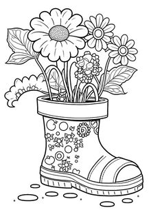 a flower pot with flowers inside it coloring pages for adults and kids, including the boots