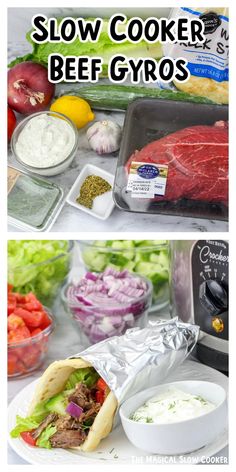 two pictures showing how to make slow cooker beef gyros in the kitchen