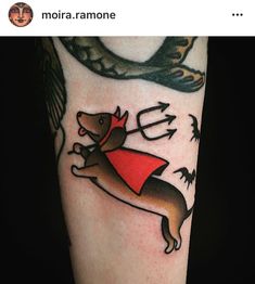 a tattoo with a dog wearing a cape on it's leg and some bats