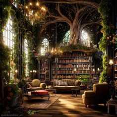 a living room filled with lots of furniture and bookshelves covered in ivy growing on the walls