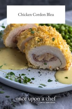 chicken cordon bleu on a plate with peas