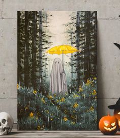 a painting of a ghost holding an umbrella in the woods with flowers and pumpkins