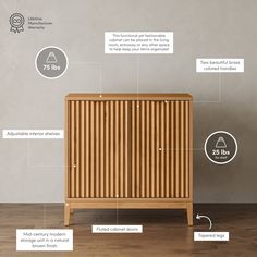 a wooden cabinet with information about the contents and measurements for each item on it's side