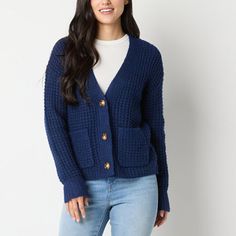 Embrace an effortlessly chic and cozy look with this a.n.a women's button-down cardigan. Made from a knit fabric, it features a modern-fit, a V-neck, long cuffed sleeves, and two front slip pockets. Throw it on over a flowy dress or style it with jeans and ankle booties. Closure Type: ButtonFit: Modern FitNeckline: V NeckPockets: 2 Front Slip PocketsSleeve Length: Long SleeveSleeve Style: Cuffed SleeveApparel Length: 24 InchesFiber Content: 50% Polyester, 44% Viscose, 6% NylonFabric Description: Jeans And Cardigan, Royal Blue Cardigan, Office Fits, Large Sweaters, Small Sweater, Blue Cardigan, Button Cardigan, Flowy Dress, Cuff Sleeves