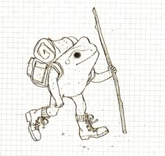 a drawing of a frog with a backpack and skis