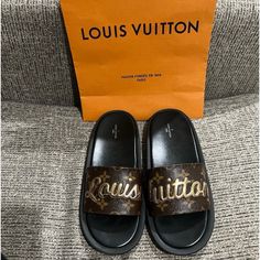 Authentic Louis Vuitton Slides Size 40 Good Condition. There Are A Few Cracks At The Top Of Them But Didn’t Notice Until Taking The Picture. You Can’t Tell When Wearing Them. Louis Vuitton Slides, Louis Vuitton Shoes, Authentic Louis Vuitton, Monogram Canvas, Slide Sandals, Women's Shoes Sandals, Shoes Sandals, Louis Vuitton, Monogram