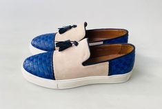 Buy the new TucciPolo Limited Edition Mens Handcrafted Blue Weave and Beige Suede leather Tassel Slip on Loafer Sneaker. Prestigiously handcrafted with Italian calf skin blue weave leather upper with leather lining, leather insole. Very comfortable and Fits true to size. order your normal sizeLeather : Blue Weave and Beige Suede leatherColor: Two tone Blue and BeigeStyle: slip on loafer sneakerThis is a made-to-order product. Each pair will be made upon receipt of order and shipped in approximat Casual Blue Tassel Loafers With Leather Sole, Blue Slip-ons With Suede Lining, Blue Slip-on Loafers With Suede Lining, Luxury Slip-on Tassel Loafers With Suede Lining, Blue Leather Sole Slip-on Loafers, Blue Suede Slip-on Tassel Loafers, Blue Weave, Loafer Sneakers, Suede Loafers