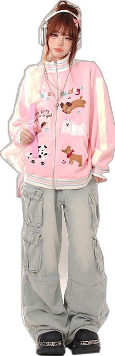 Kawaii Jackets Hoodie, Kawaii Winter Jacket, Kawaii Zip Up Hoodie, Pink Harajuku Hoodie Outerwear, Pink Kawaii Outerwear For Winter, Puppy Embroidery, Butterfly Tank Top, Box Pleat Skirt, Steampunk Fashion Male