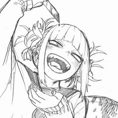 a black and white drawing of a girl with her arms around her head, smiling