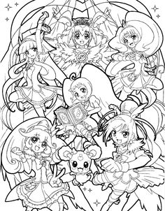 an anime coloring book with many cartoon characters and their names on the pages, all in black and white