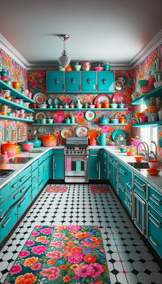 a colorful kitchen with lots of pots and pans