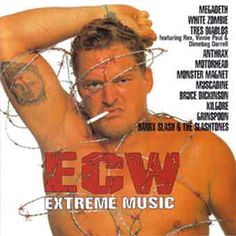 a man with barbed wire around his neck and chest, in front of the cover of eow extreme music