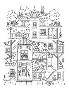 a large house with lots of windows and trees on the roof is outlined in black and white