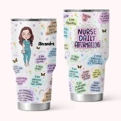 two stainless steel tumblers with the words nurse appreciation written on them, and an image of a woman in scrubs