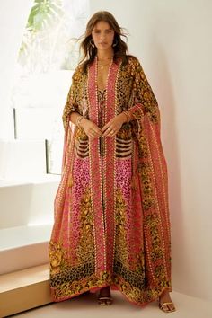 Pink cape with all over floral and leopard print embellished by stone work. Comes with matching dress. - Aza Fashions Kaftan Styles, Cape For Women, Pink Cape, Leopard Maxi Dress, Cape Designs, Long Cape, Bridesmaid Attire, Exaggerated Sleeves, Inspired Aesthetic