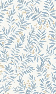 a blue and white wallpaper with leaves on it