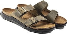 With long lasting oiled leather uppers, the Birkenstock Arizona is a casual slide sandal with two adjustable buckle straps for the perfect fit. These Birkenstock Arizona Faded Khaki Rugged Oiled Leather Men's Sandals have the following features: Upper material: Oiled Leather - Thick yet supple leathers without additional dyes to keep the leather breathable, durable and comfortable. Footbed: Soft footbed - A foam layer is inserted between the cork layer and the suede liner of the original Birkens Men Birkenstock, Mens Leather Sandals, Men's Sandals, Birkenstock Arizona, Mens Sandals, Slide Sandals, Birkenstock, Leather Men, Cork