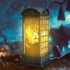 a lantern in the shape of a phone booth on a halloween night with pumpkins