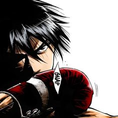 an anime character with black hair and red gloves holding his fist up to his face