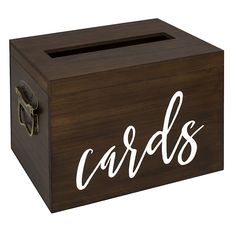 a wooden box with the word cards written on it