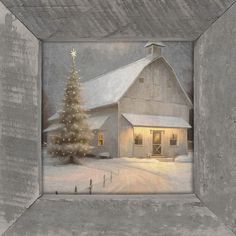 a painting of a barn with a christmas tree