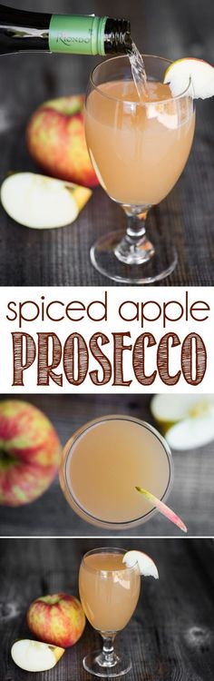 an apple cider is being poured into a glass with the words spiced apple proscicoo