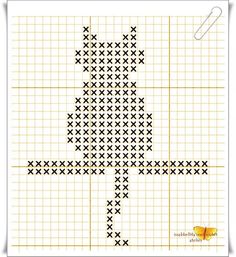 a cross stitch christmas tree is shown in black and white, on a yellow background