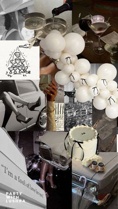 a collage of photos with balloons and other items