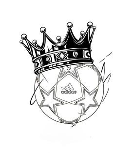 a drawing of a soccer ball with a crown on it's head in black and white