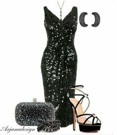 Black sequin dress Dress Jewelry Ideas, What Jewelry To Wear, Dark Wardrobe, Charlotte Olympia Shoes, Dress Gallery, Strappy Shoes, Woman Suit Fashion, Black Sequin Dress, Pretty Clothes