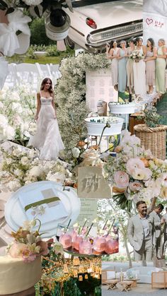 a collage of wedding photos, flowers, and other things in the background with people standing around them