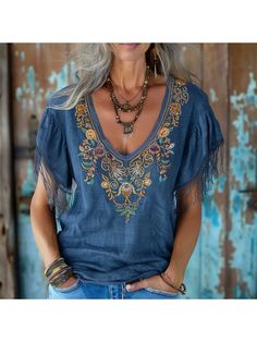 Elegant Tops, Retro Ethnic Print V-neck T-shirt Bohemian V-neck Top With Boho Print, Bohemian Printed Short Sleeve Tops, Bohemian Short Sleeve T-shirt, Bohemian Blue V-neck Tops, Summer Hippie V-neck Top, Bohemian Cotton V-neck T-shirt, Bohemian Blue T-shirt For Summer, Blue Bohemian T-shirt For Summer, Bohemian Boho Print Short Sleeve Top