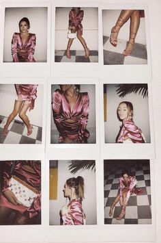 several photographs of women in pink dresses on a white surface with black and white checkered flooring