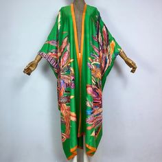 Festive Jamboree Kimono - Lashawn Janae Green Silk V-neck Kimono, Summer Beach Kimono In Satin, Summer Beach Satin Kimono, Spring Green Silk Kimono, Green Silk Kimono For Spring, Green Satin Kimono, Draped Fabric, Silk Crepe, Ladies Fashion