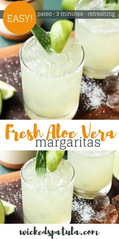 two glasses filled with fresh aloe vera margaritas