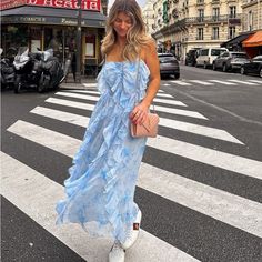 Nwt- Beautiful Midi Blue Dress. The Fabric Is So Flowy And Romantic Chic Flowy Blue Midi Dress, Chic Blue Midi Dress With Flowy Skirt, Flowy Blue Boho Print Midi Dress, Flowy Blue Midi Dress With Ruffles, Midi Blue Dress, Blue Flowy V-neck Midi Dress, Ruffle Midi Dress, Dresses Blue, Blue Midi Dress