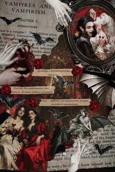 altered photograph of vampire girls and dracula's hands with red roses in the background